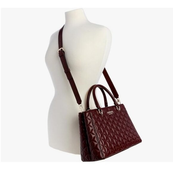 GUESS Kori Girlfriend quilted large satchel crossbody bag - Burgundy / Wine /Red - Picture 5 of 11
